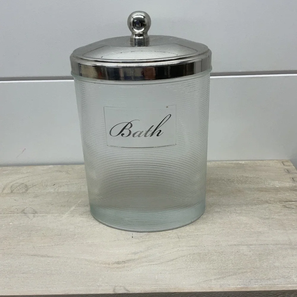 Clear Ribbed Glass Bath Apothecary Jar with Polished Chrome Lid Finial Top